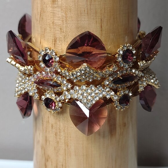 Very Awesome Unique Vintage Chunky Purple Rhinestone Bracelet Missing 2 Stones - Picture 1 of 12